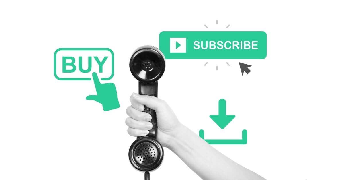 A picture of someone holding a phone, with a subscribe and buy button in the background